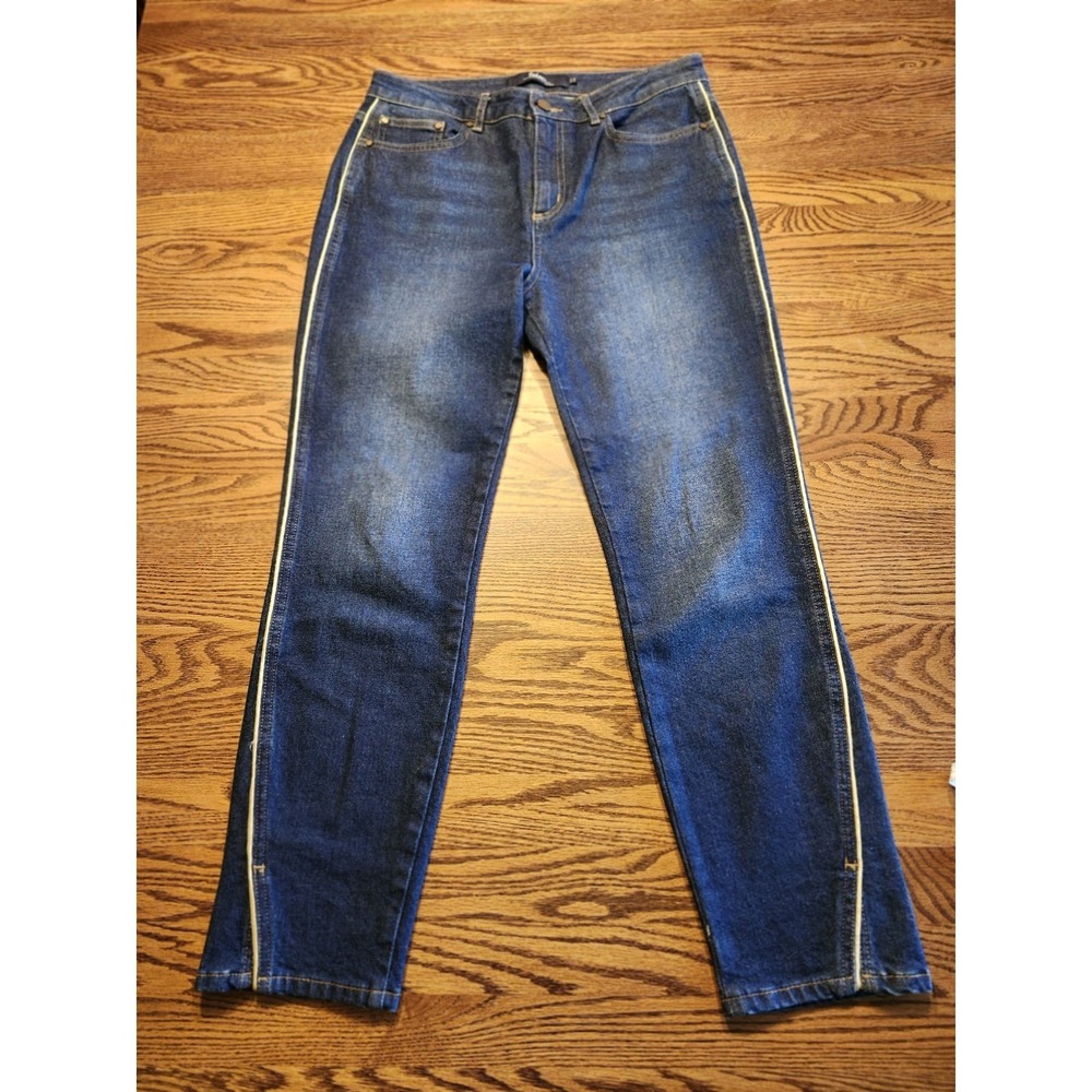Boden The Edinburgh Jeans Womens Sz 8 Blue Denim Gold Piping High Rise Straight‎